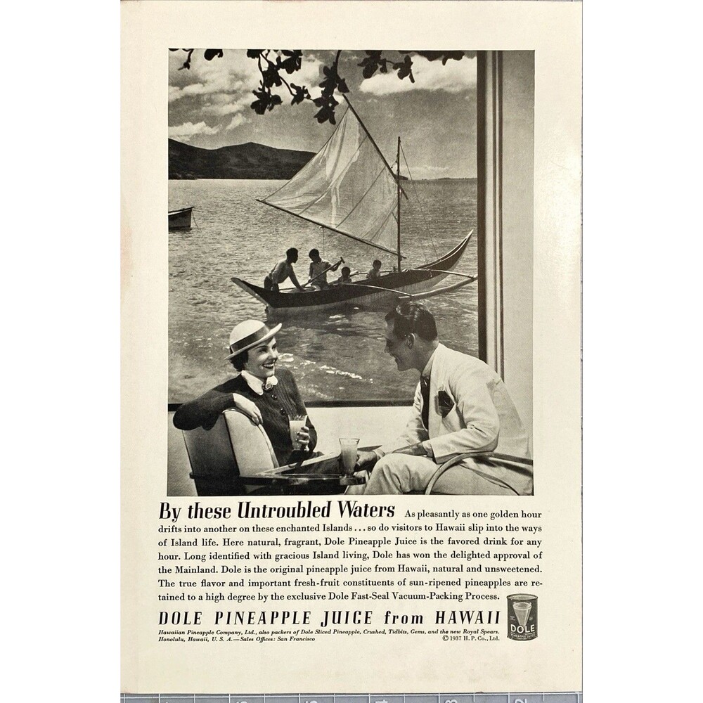 Dole Pineapple Juice from Hawaii " Natural and Unsweetened" Vtg Print Ad 1937